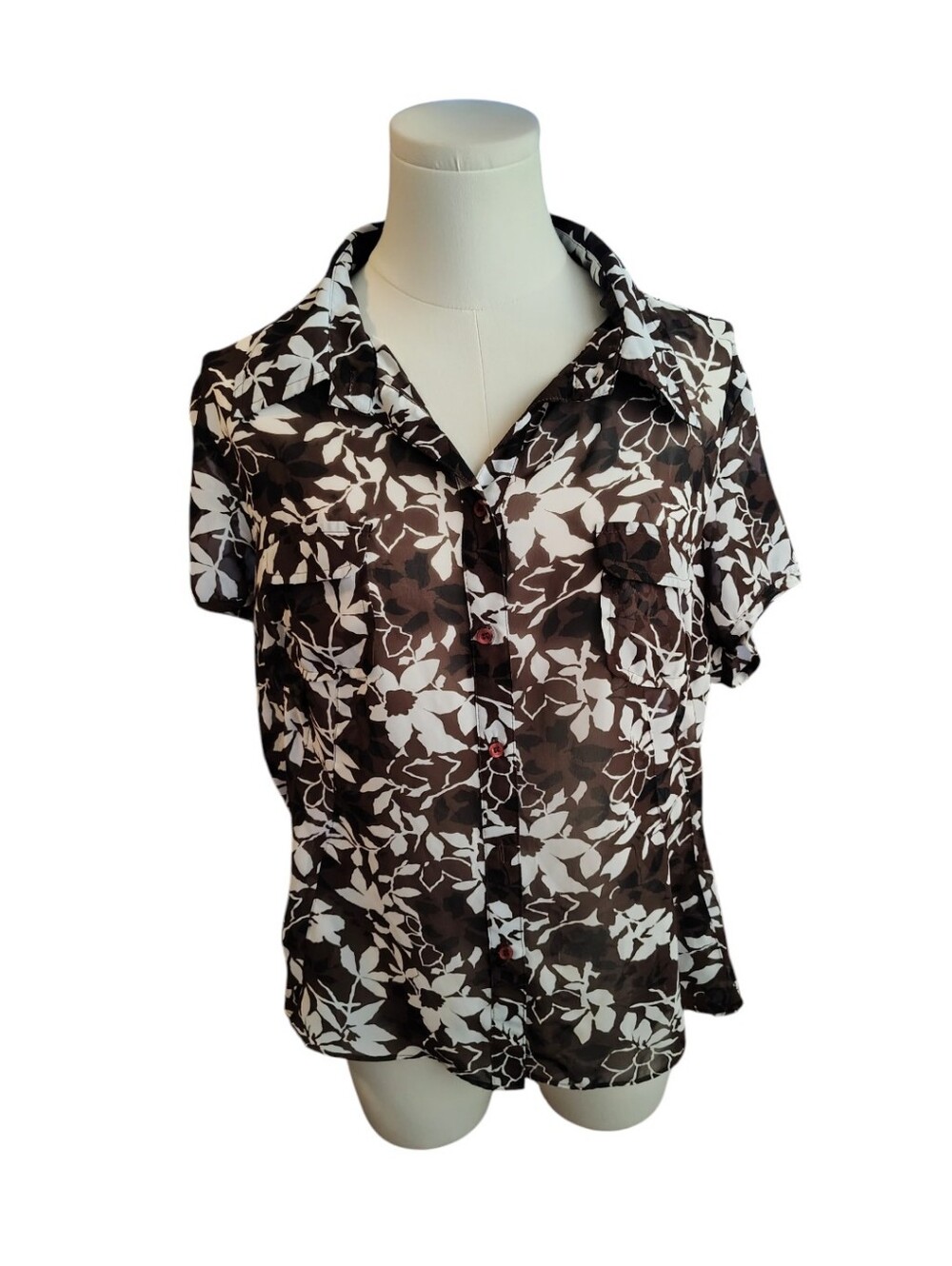 Vintage Liz Claiborne Brown and White Tropical Sheer Buttondown Blouse Size 14